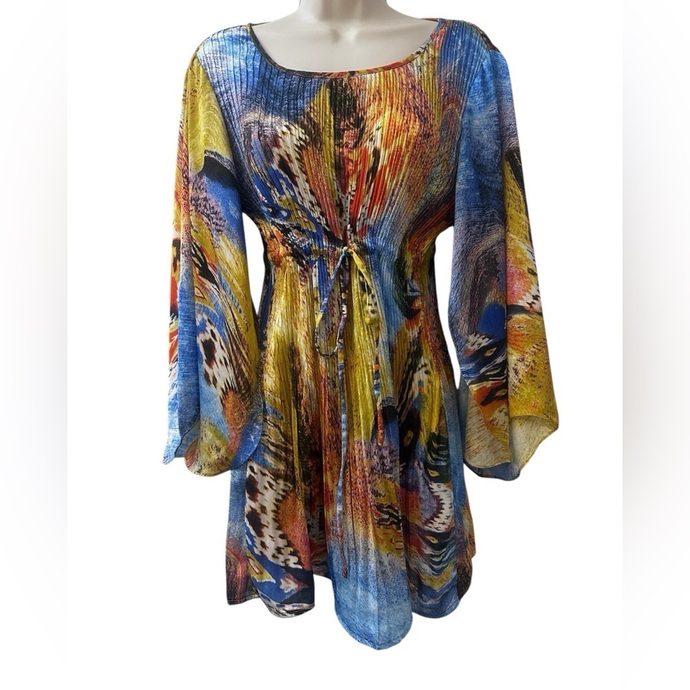 Sunny Leigh Womenās S Boho Pleated Tunic Dress Multicolor Abstract Bell Sleeves